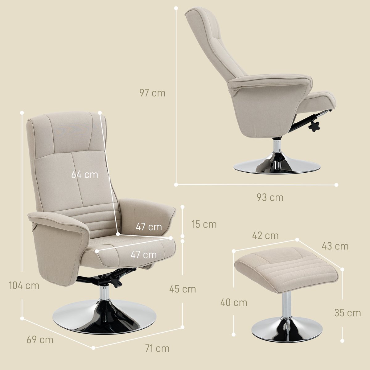Fauteuil inclinable avec repose-pieds Tissu beige, HOMCOM