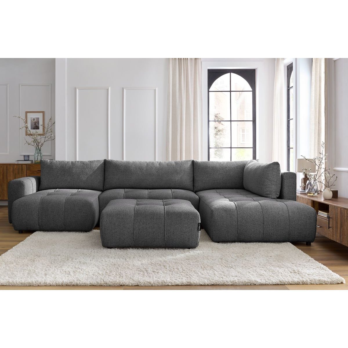 Canapé panoramique convertible 6 places en tissu chiné avec pouf, ARSENE gris foncé, BOBOCHIC
