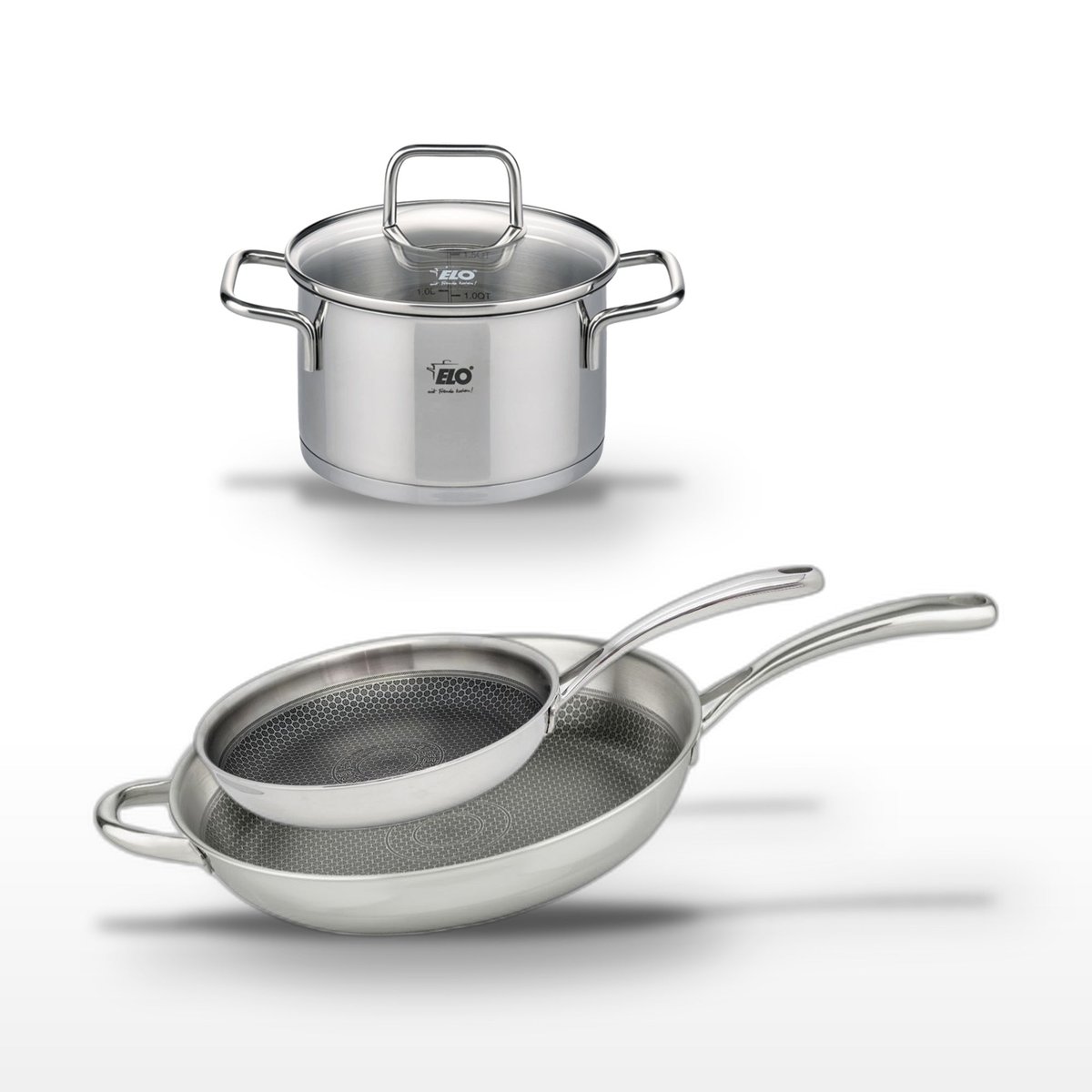 Batterie 2 poêles 28/32cm + 1 faitout 14cm RELIEF EVOLUTION inox, ELO