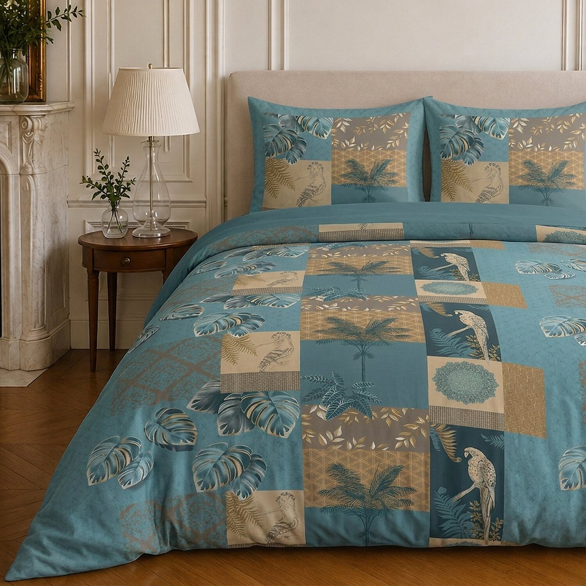 Parure de lit en microfibre motif tropical, SURINAME bleu canard, C DESIGN HOME TEXTILE