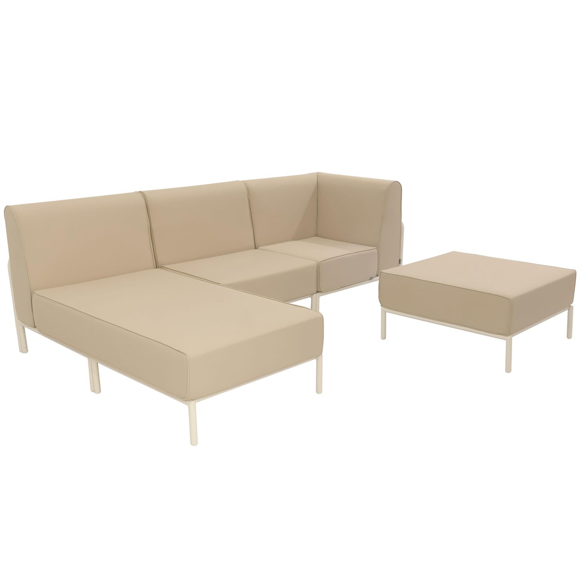 Salon de jardin modulable 4 places avec 1 chauffeuse, 1 fauteuil d'angle, 1 méridienne et 1 pouf, PATIO beige, OVIALA