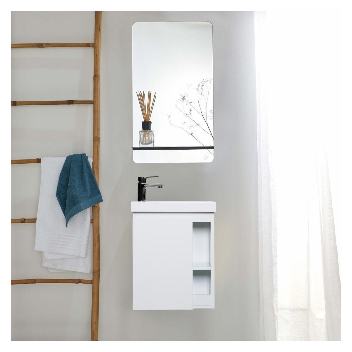 Ensemble lave-mains avec robinet chromé et miroir HAMPTON blanc brillant, MOB IN
