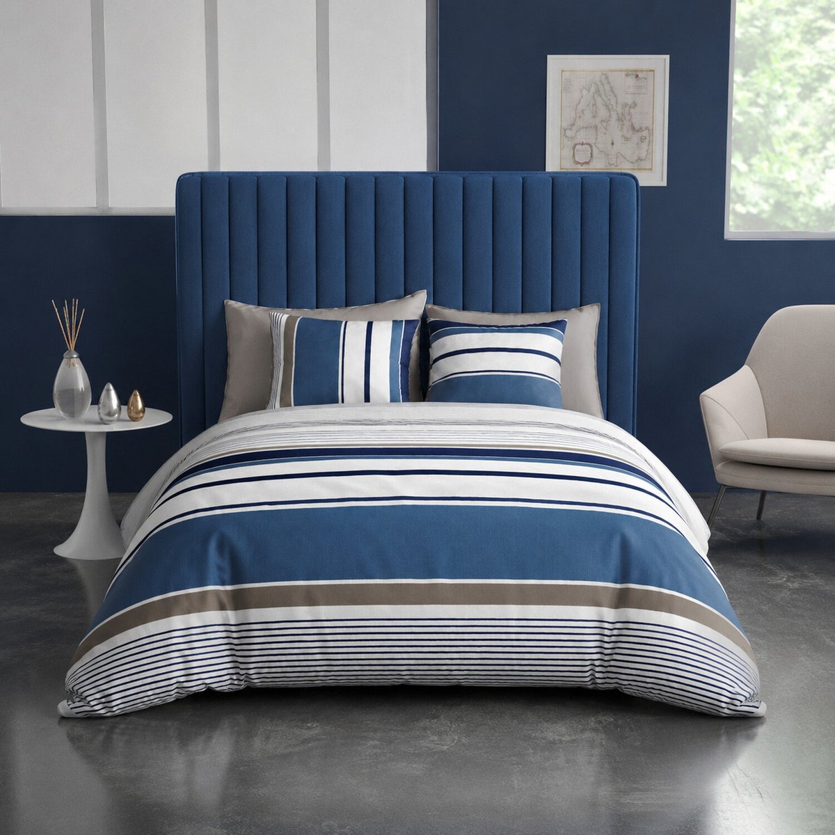Parure housse de couette 100%coton 57fils belize bleu gris, ATELIER DU COTON