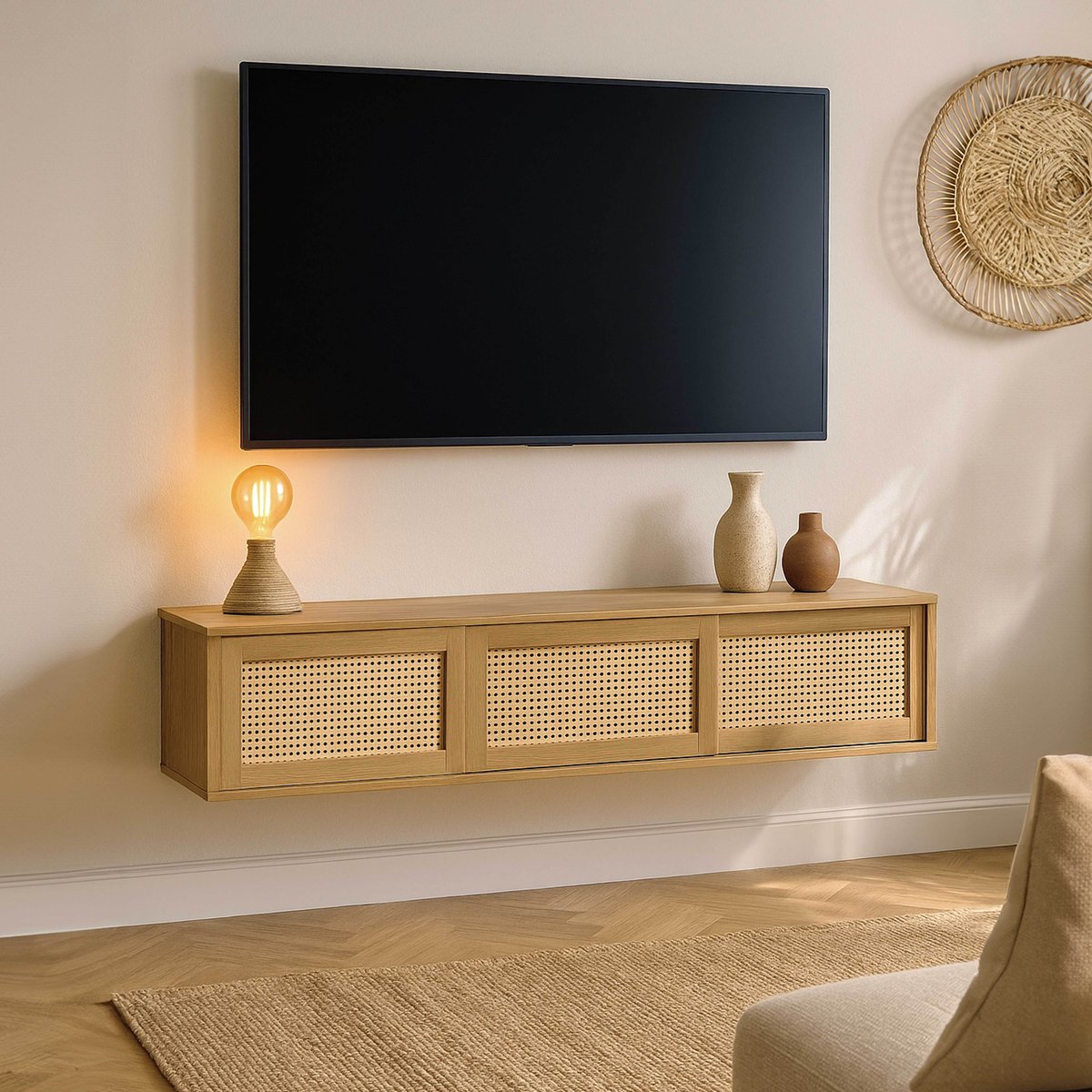 Meuble TV suspendu effet bois clair 160 cm style bohème, JENNY bois clair, OVIALA