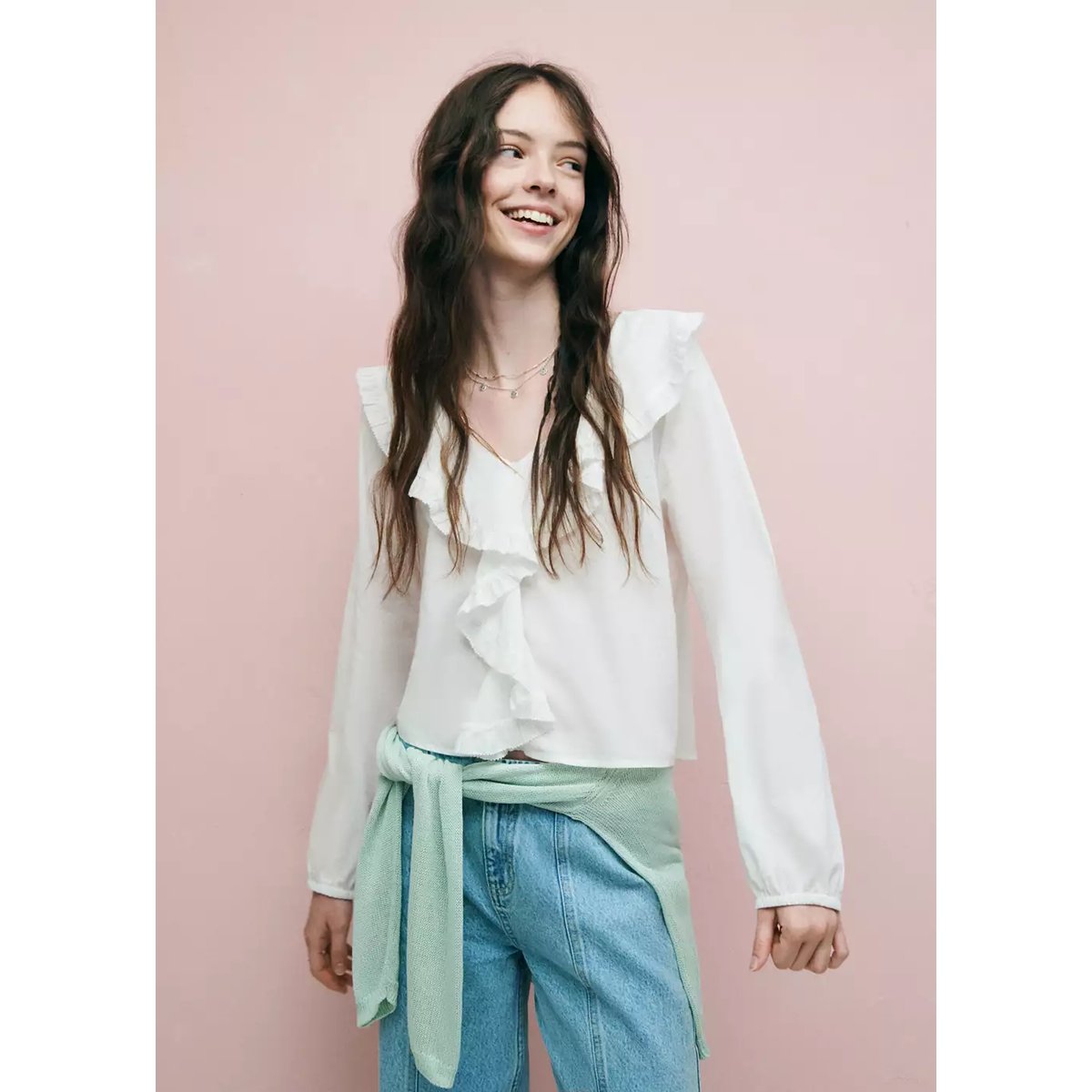 Blouse coton à volants blanc cassé, MANGO TEEN