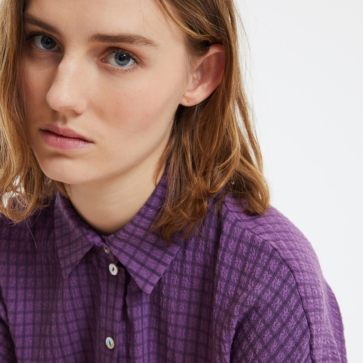 Checked Short Sleeve Playsuit purple checks, LA REDOUTE COLLECTIONS