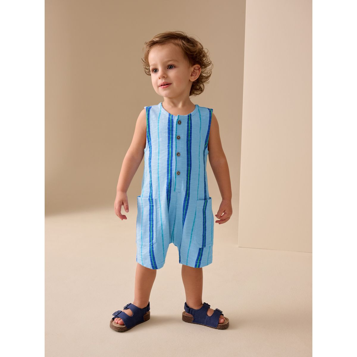 Barboteuse texturée en coton rayé bleu, NEXT
