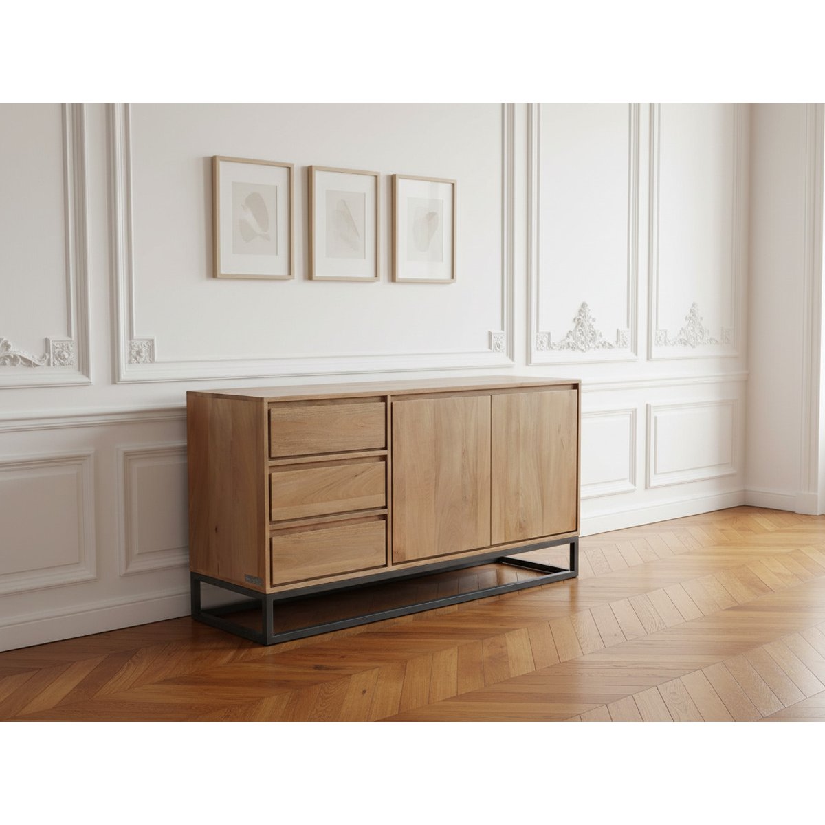 Buffet bas en bois massif 2 portes 3 tiroirs 150 cm, BERGERAC marron clair, BOBOCHIC