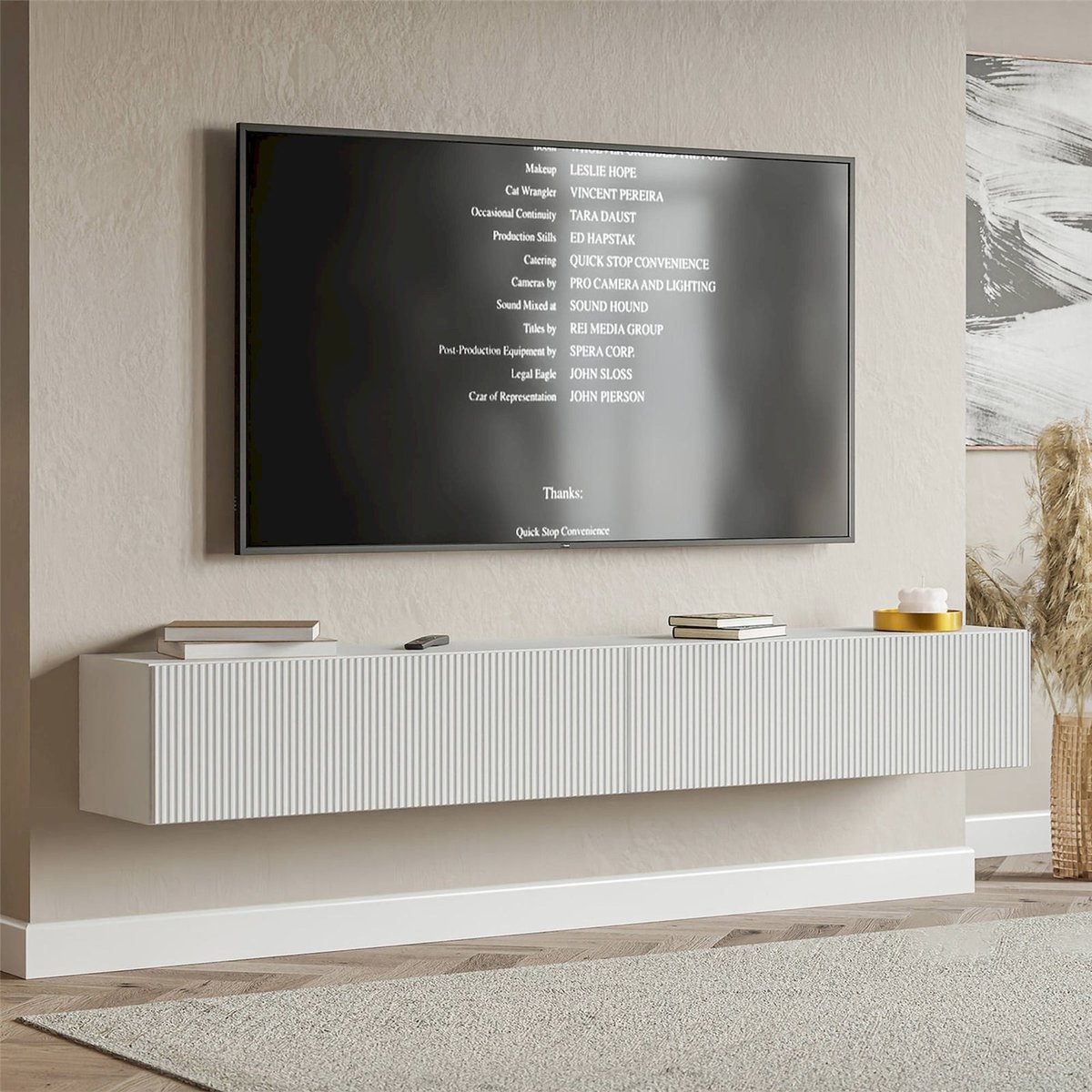 Meuble tv suspendu façade rainurée VELDIO blanc, RECOLLECTION