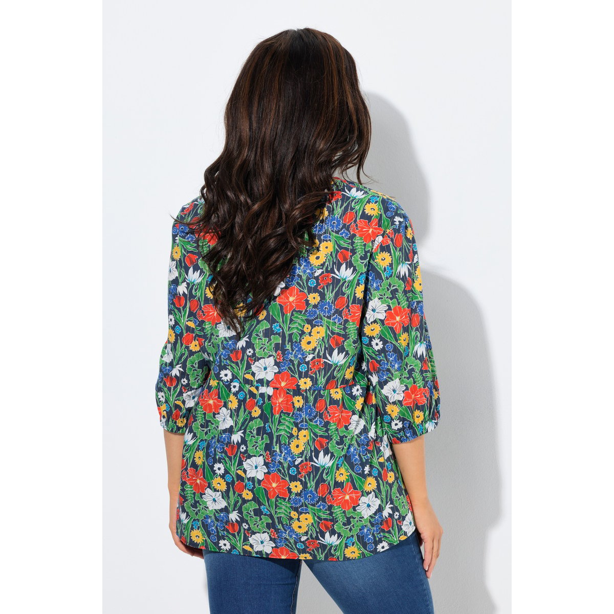 Blouse motif à fleurs, rayures scintillantes bleu encre, ULLA POPKEN