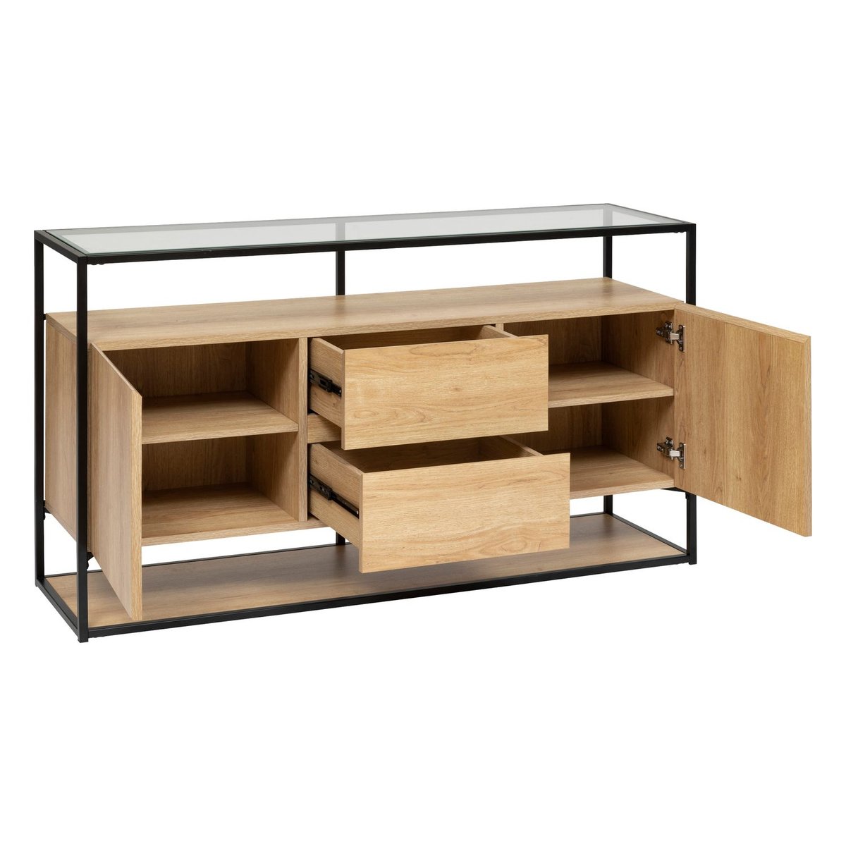 Buffet 2 portes et 2 tiroirs effet bois et verre ALDEA beige, ATMOSPHERA
