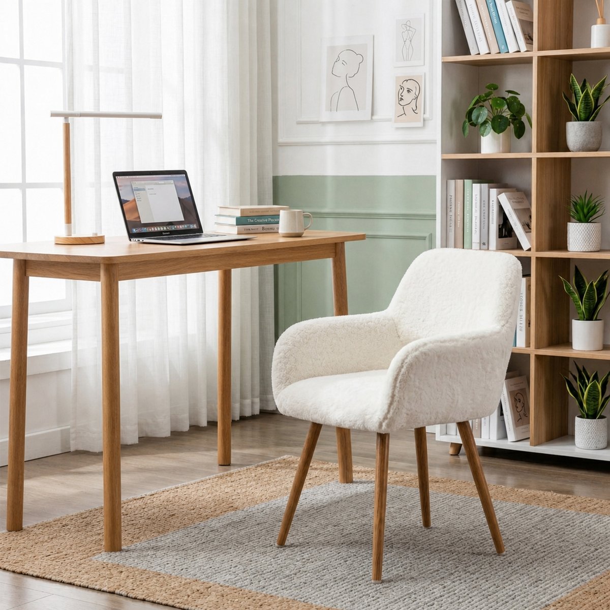 Fauteuil de bureau style scandinave en tissu effet poil de lapin, CROMWELL PELUCHEO blanc, MEUBLES COSY