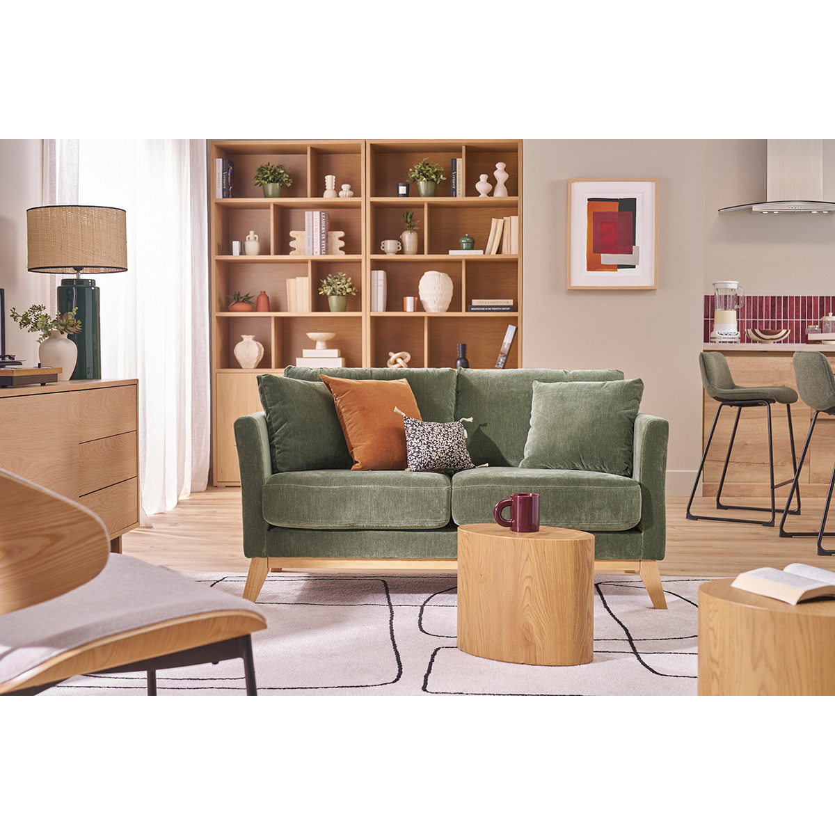 Canapé scandinave déhoussable 2 places en tissu chenille terre brûlée et bois clair OSLO kaki, MILIBOO
