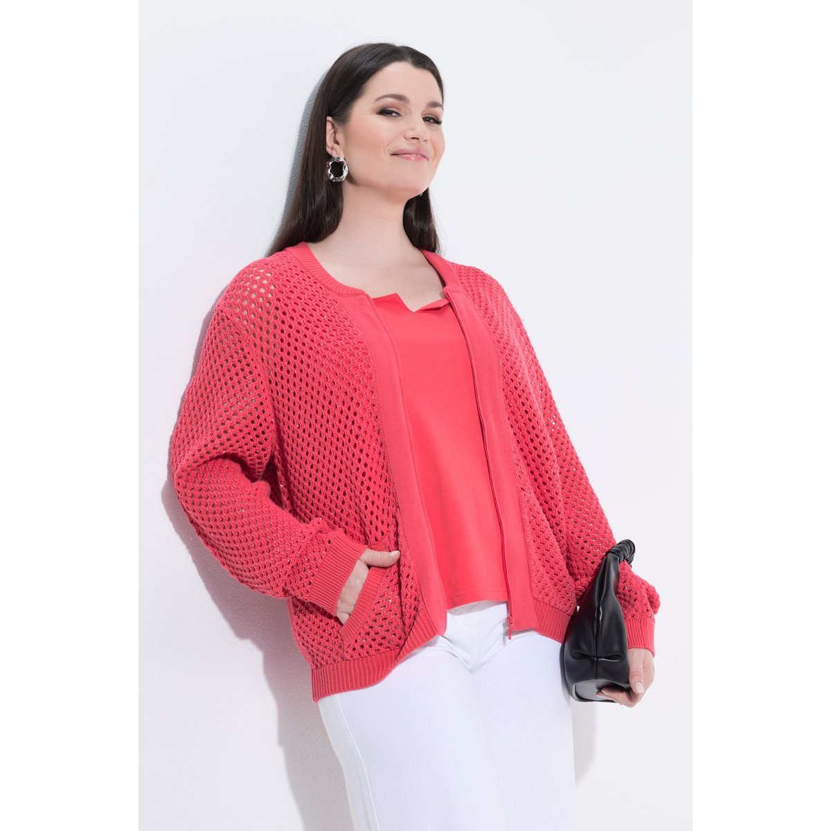 Gilet en maille, paillettes, col college rose vif, ULLA POPKEN