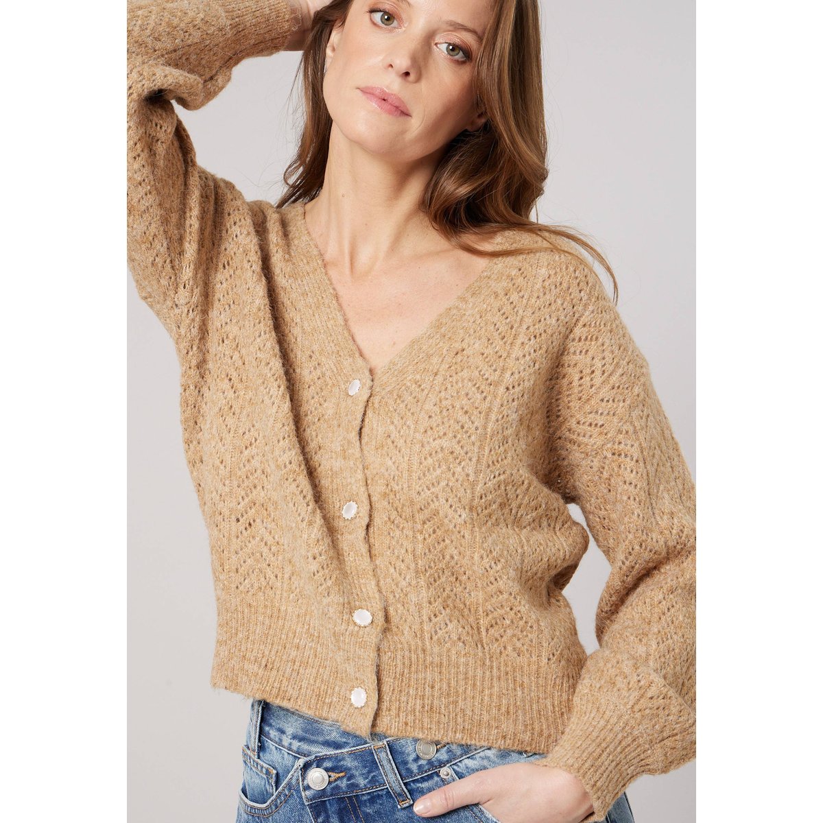 Gilet femme en maille ajourée DORFI camel, DEELUXE