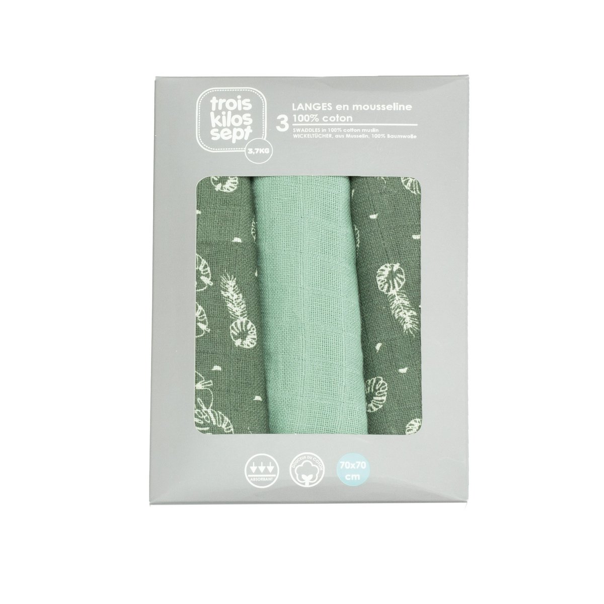 Lot de 3 langes bébé 70x70cm - Feuilles v019845, TROIS KILOS SEPT