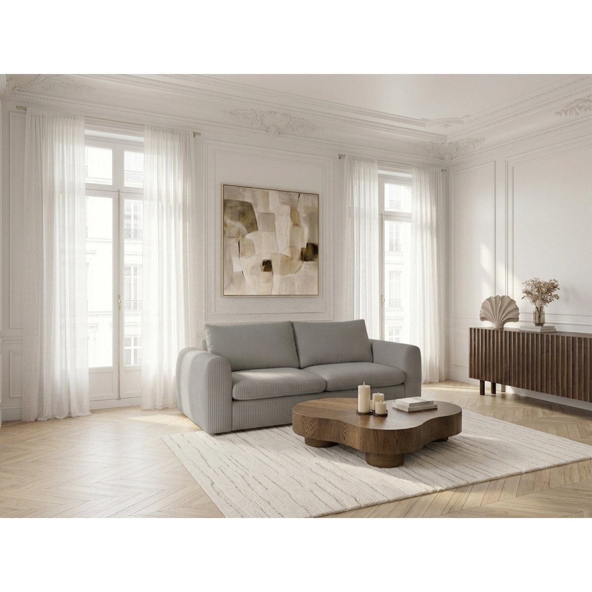 Canapé lit 3 places en velours côtelé couchage 140x190 cm, ARCHI gris, BOBOCHIC