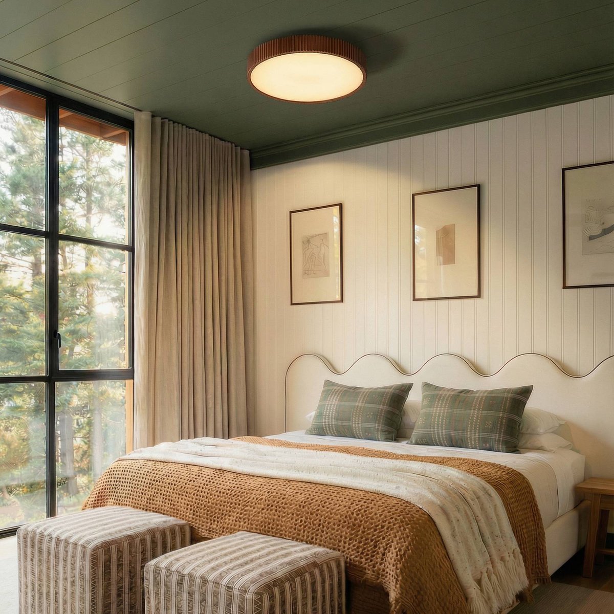 Plafonnier en bois moderneLED, Velua blanc, bois foncé, LINDBY