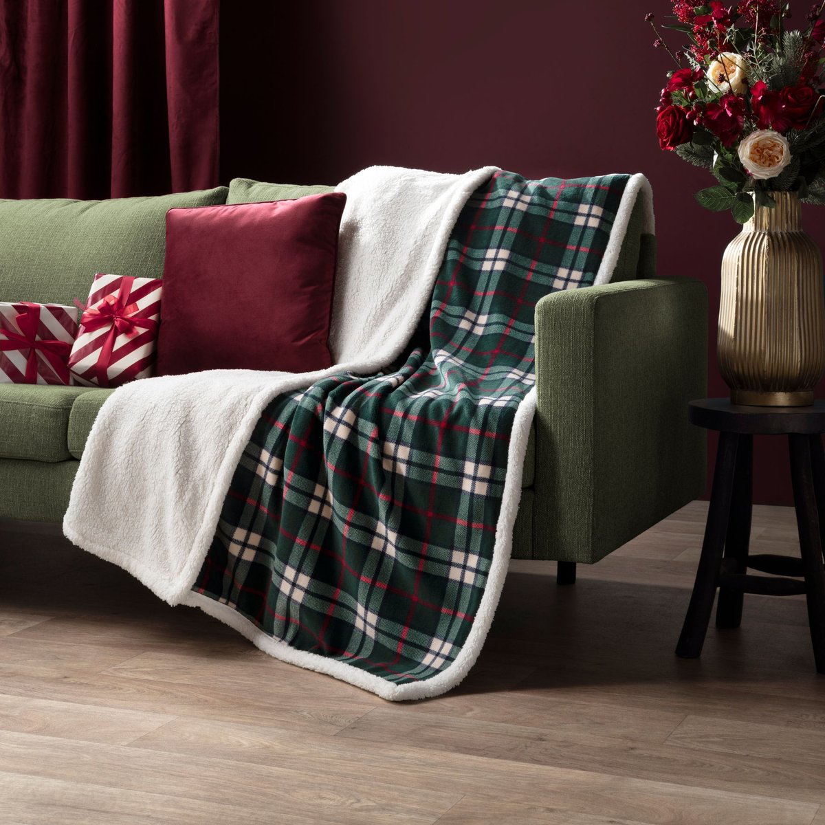 Plaid polaire cocooning vert 130x170 Carreaux vert, TERRE DE NUIT
