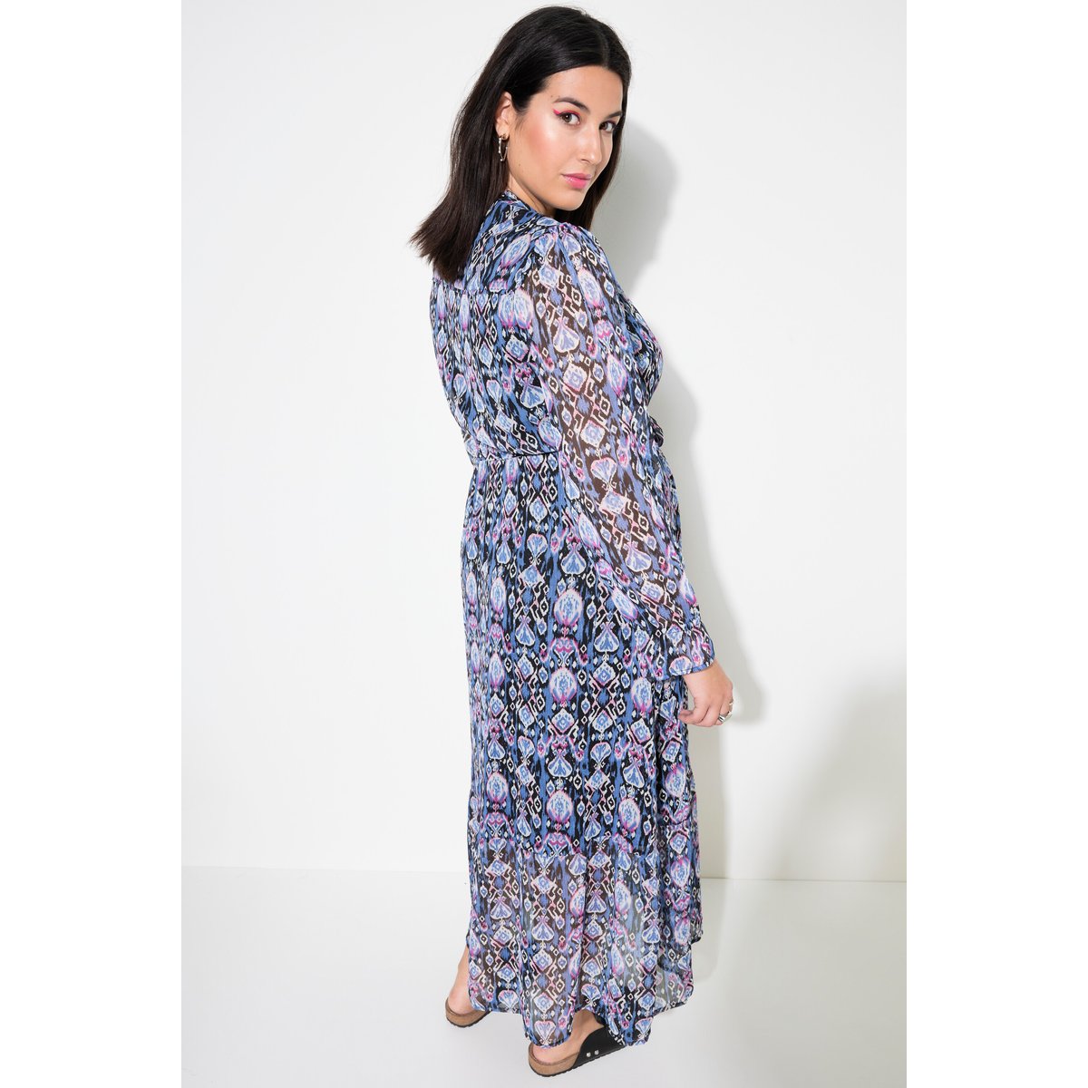 Robe maxi coupe évasée, imprimé graphique bleu jean, STUDIO UNTOLD