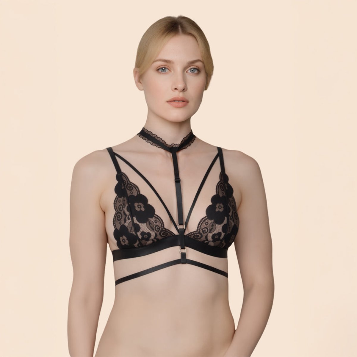 Soutien-gorge harnais Camélia noir, PASSAGE DU DESIR LINGERIE