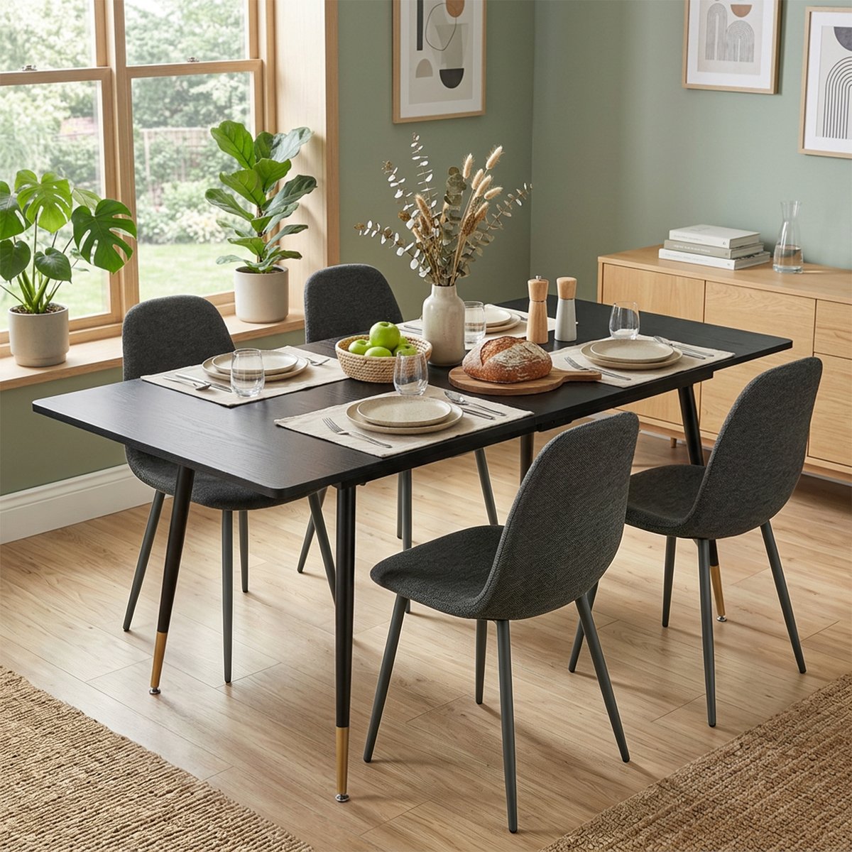 Ensemble de table à manger extensible à allonge avec 4 chaises, WHALENCHARLTON gris foncé, MEUBLES COSY