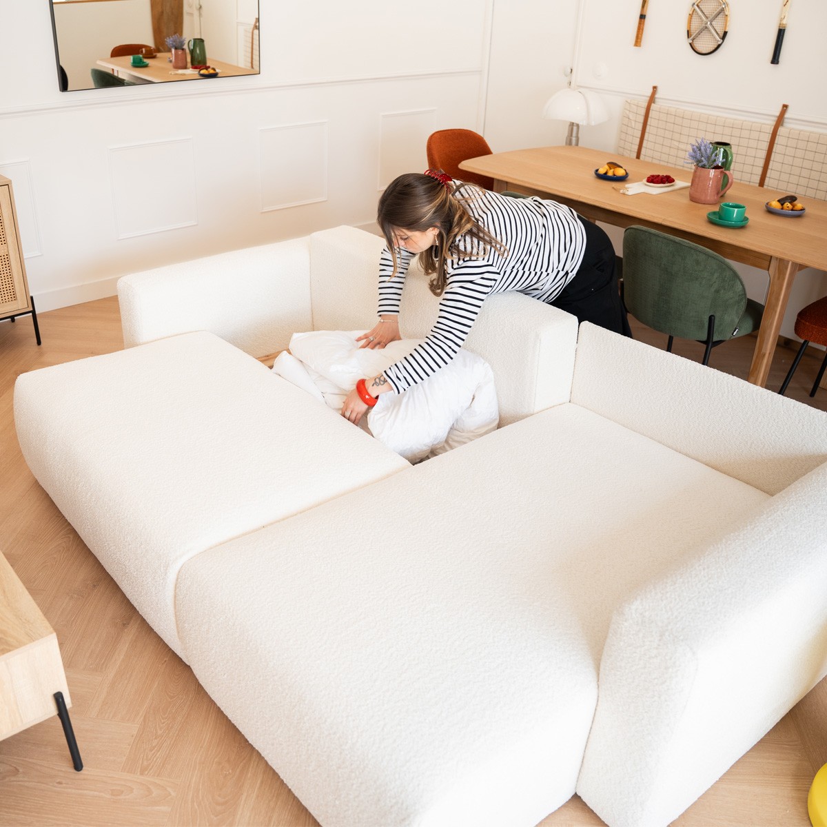 Canapé d'angle convertible 4 places en tissu bouclé - DAVIS beige, HOMIFAB