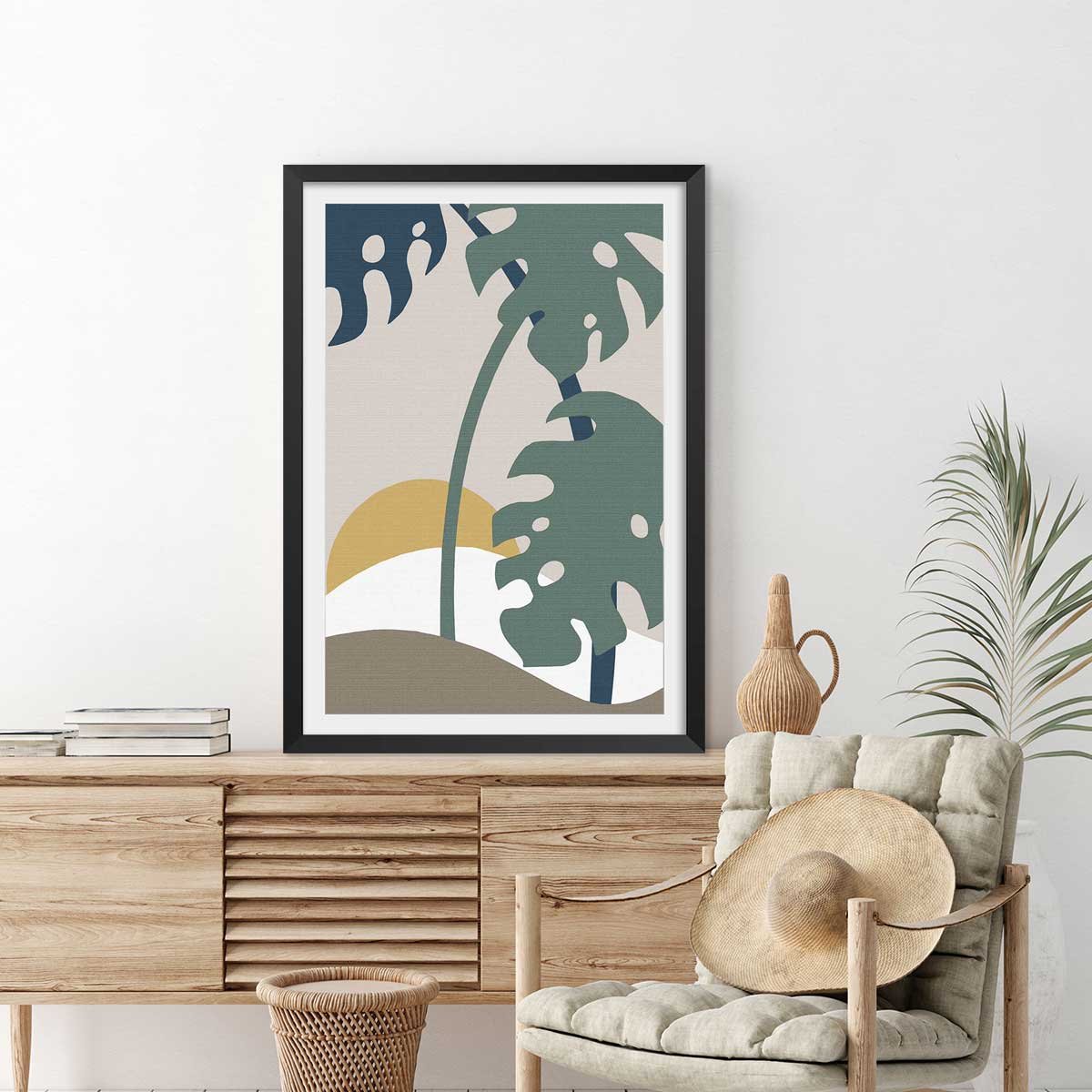 Affiche Monstera effet tissé affiche + cadre en bois - noir, HEXOA