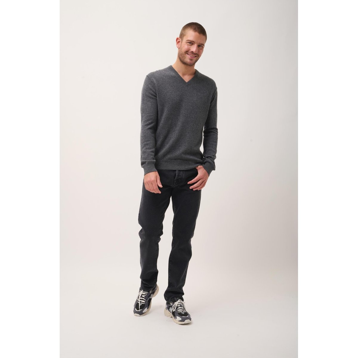 Pull Col V Anthracite Chiné Tom gris anthracite chiné, JUST CASHMERE
