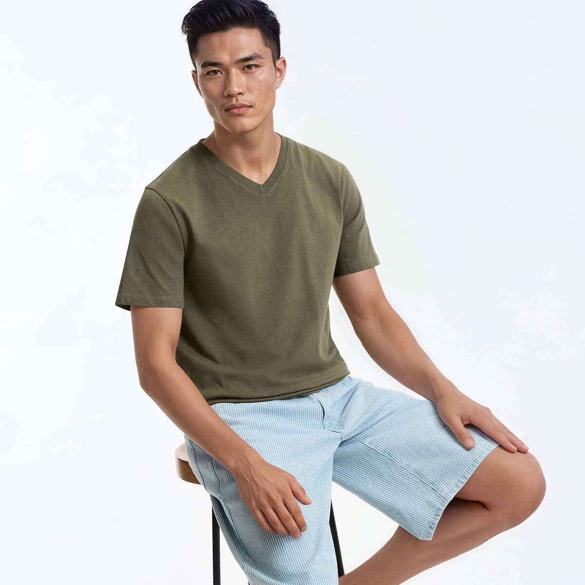Cotton Short Sleeve V-Neck T-Shirt dark khaki green, LA REDOUTE COLLECTIONS