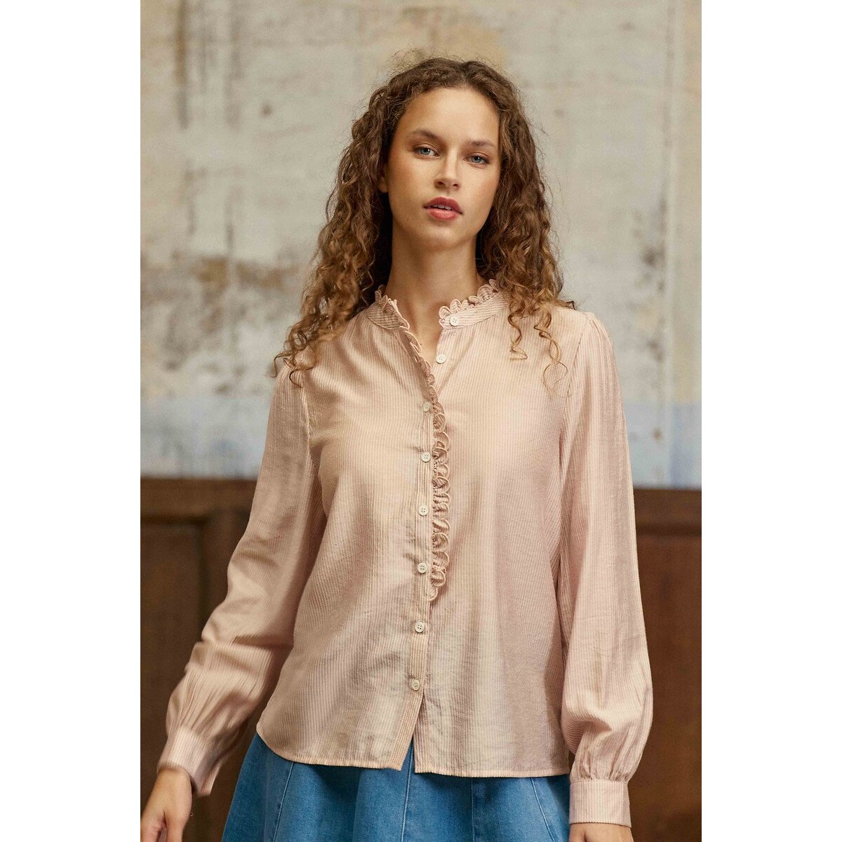 Blouse rayée manches longues col volanté, BOYA rose poudré, LA PETITE ETOILE