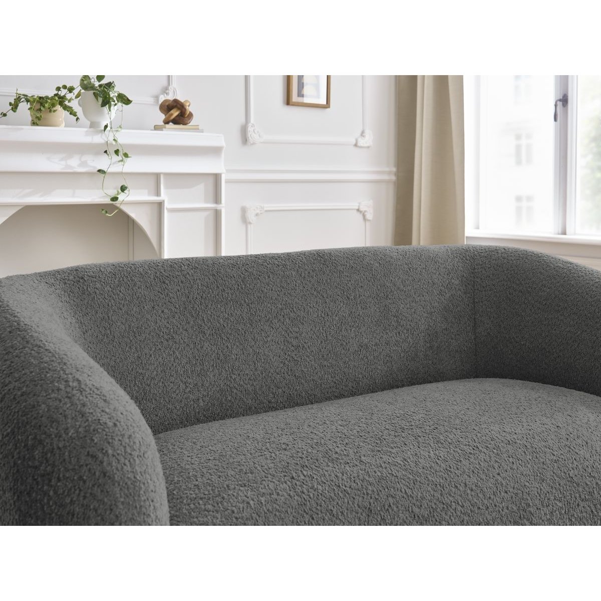Canapé droit fixe 2 places en tissu bouclette, CELINE gris foncé, BOBOCHIC