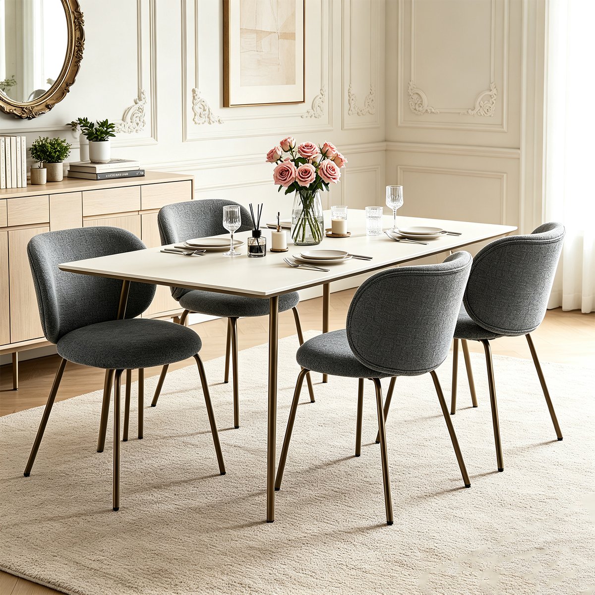 Lot de 4 chaises de salle à manger modernes en chenille tissu, KAROMIC gris, MEUBLES COSY