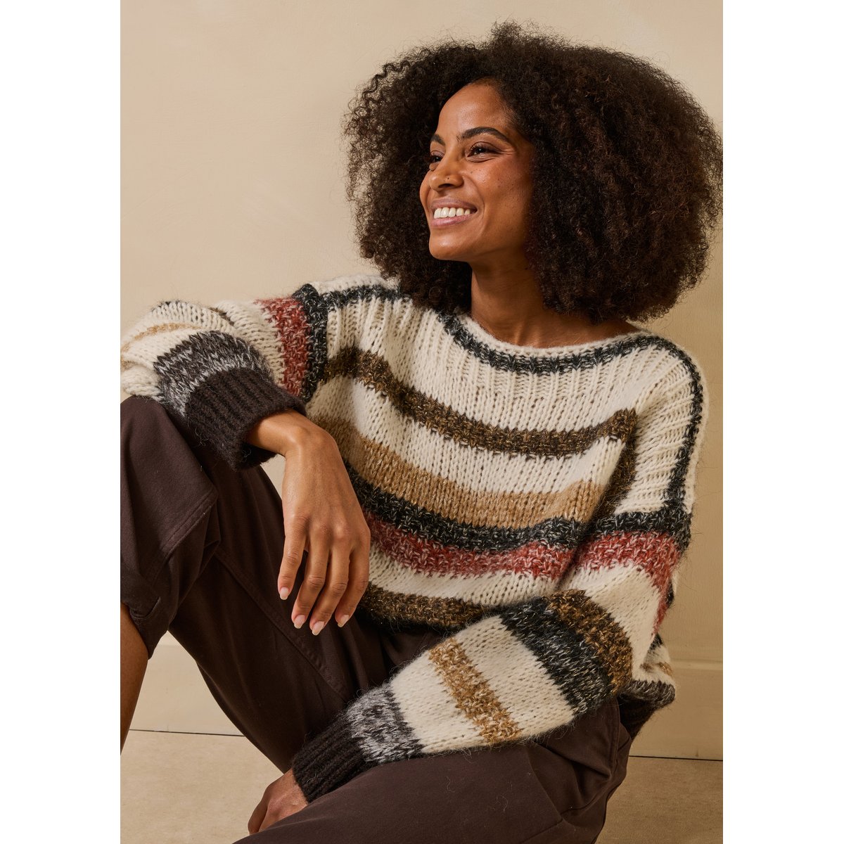 Pull rayé écru et beige ample manches longues ecru/chanvre, LA FEE MARABOUTEE