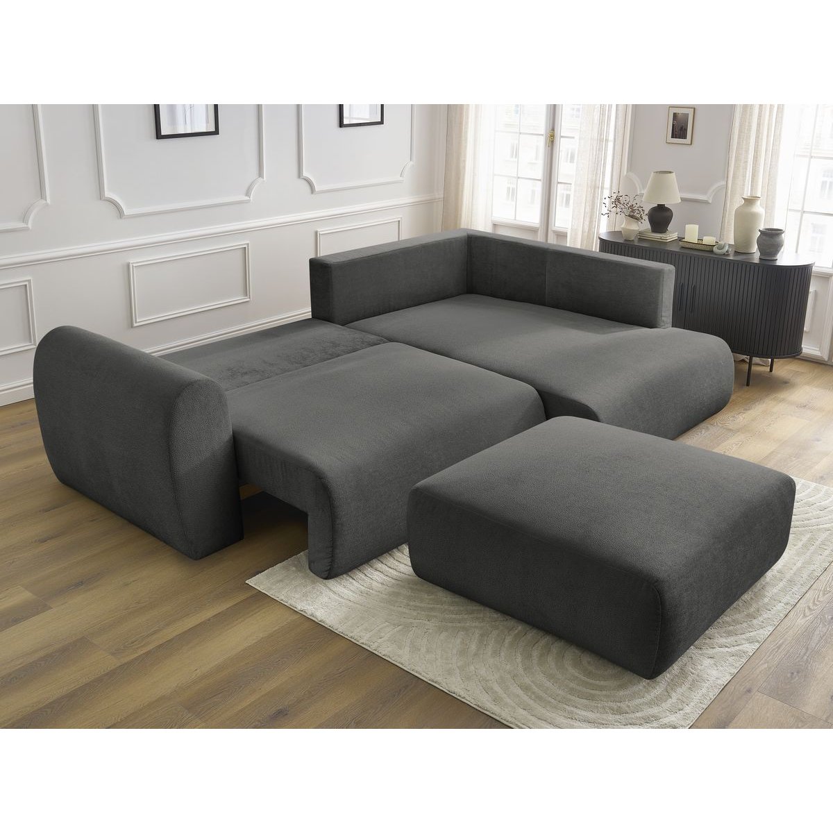 Canapé d'angle convertible 4 places en tissu lisse avec pouf, LUCIEN gris foncé, BOBOCHIC