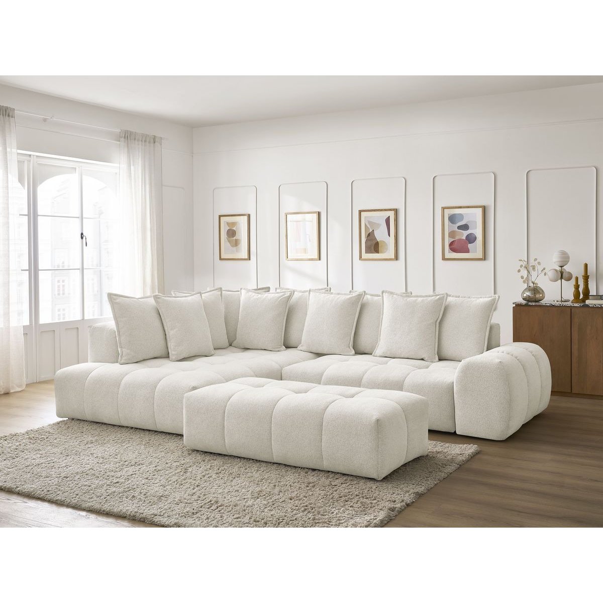Canapé d'angle convertible 4 places en tissu chiné avec pouf, EVEREST blanc, BOBOCHIC