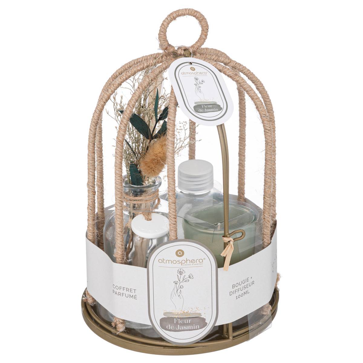 Coffret cadeau cage métal bougie diffuseur huiles essentielles PAOLA vert, ATMOSPHERA