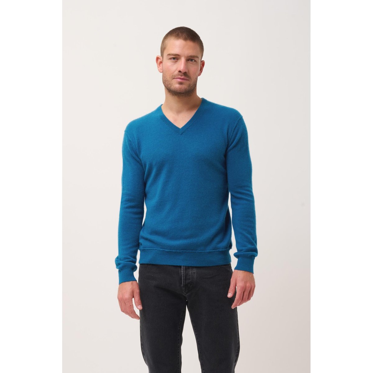 Pull Col V Paon Tom bleu vert, JUST CASHMERE