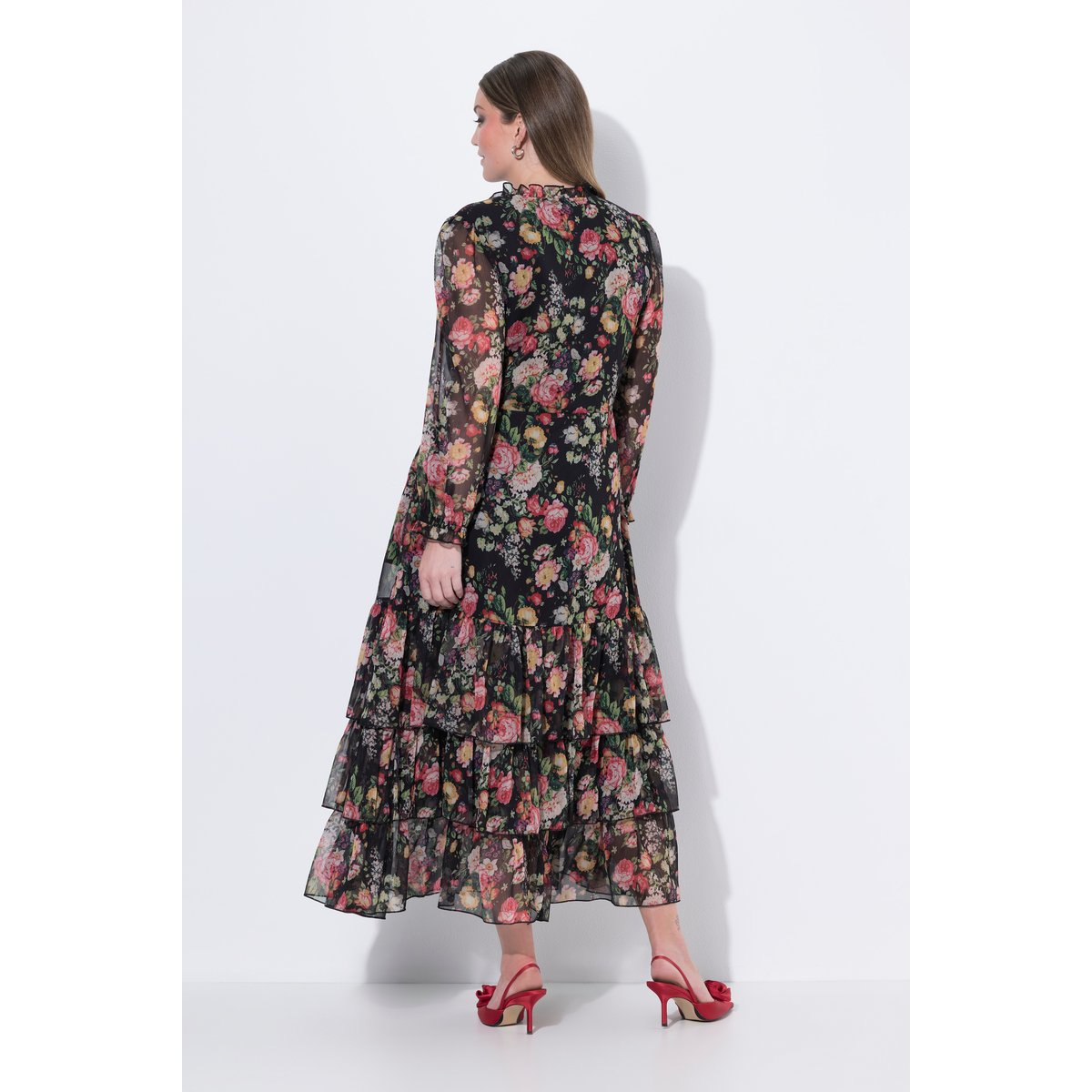 Robe longue à fleurs en mousseline noir, ULLA POPKEN