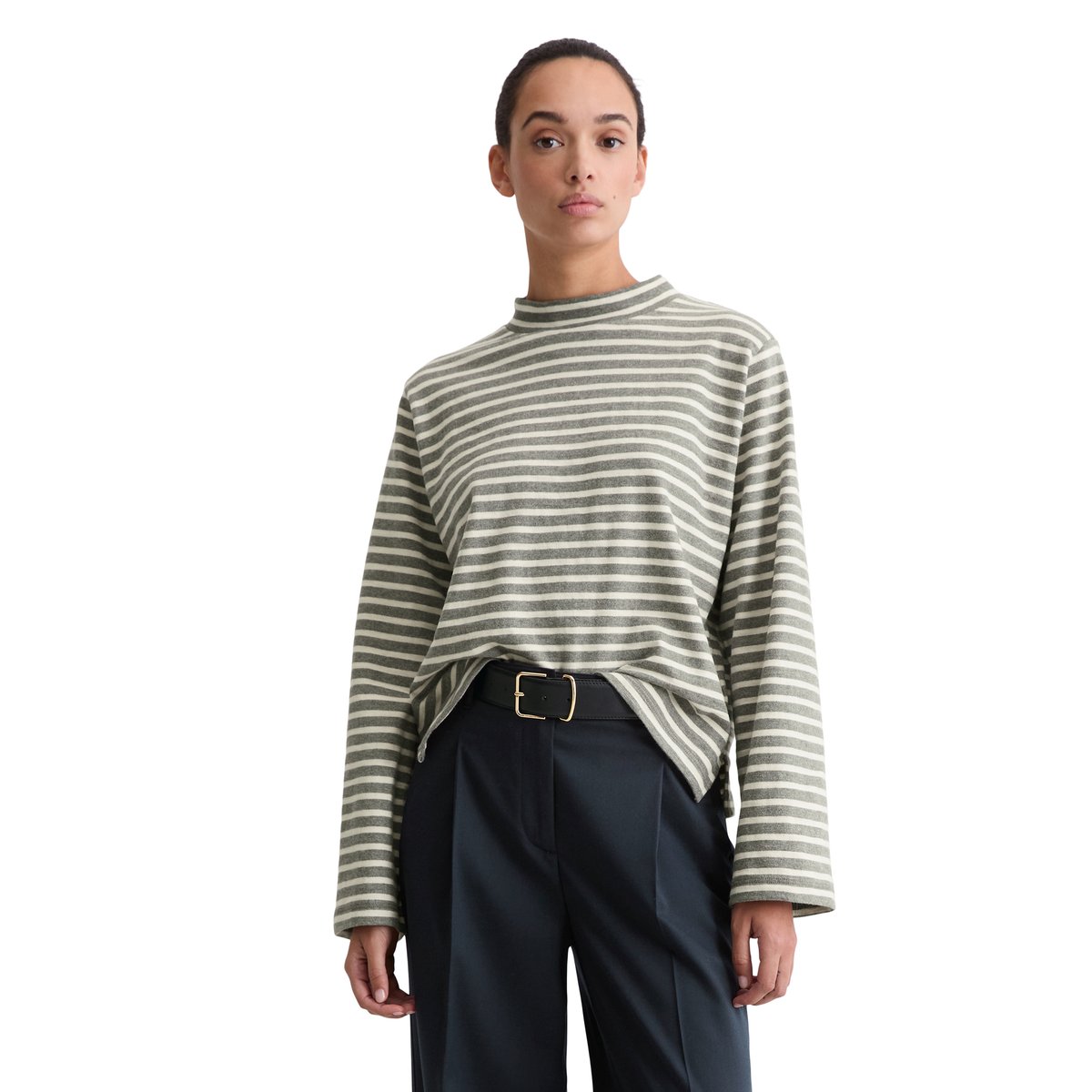 T-shirt long à col roulé rayé regular en jersey heavy slub teint en fil gris foncé, MARC O'POLO