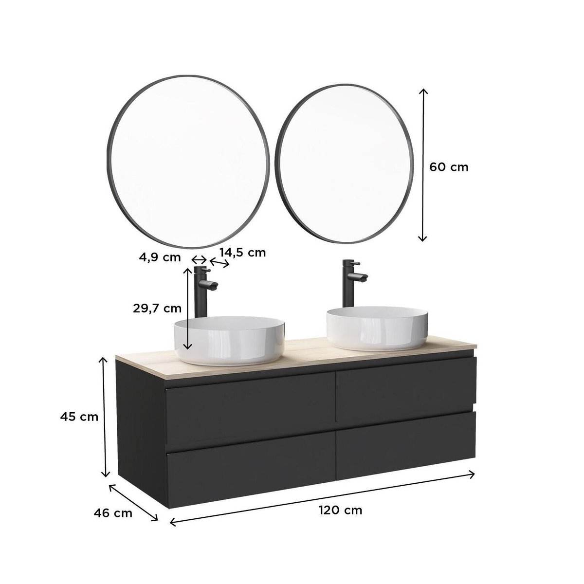 Ensemble meuble double vasque 120cm + robinet + miroir SORRENTO noir satiné, MOB IN