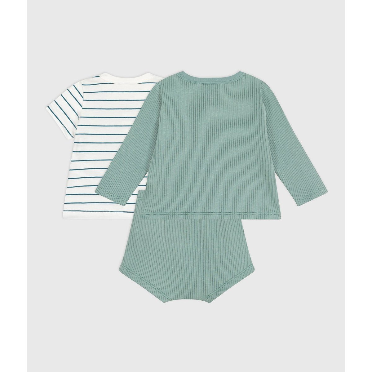 Three-Piece Birth Set in Cotton and T-Shirt green + white, PETIT BATEAU