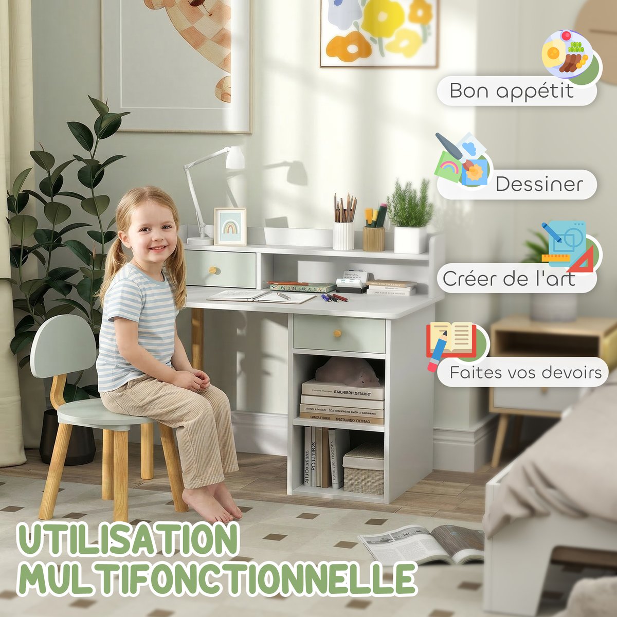 Bureau d'étude pour enfants avec chaise MDF vert clair, blanc, AIYAPLAY