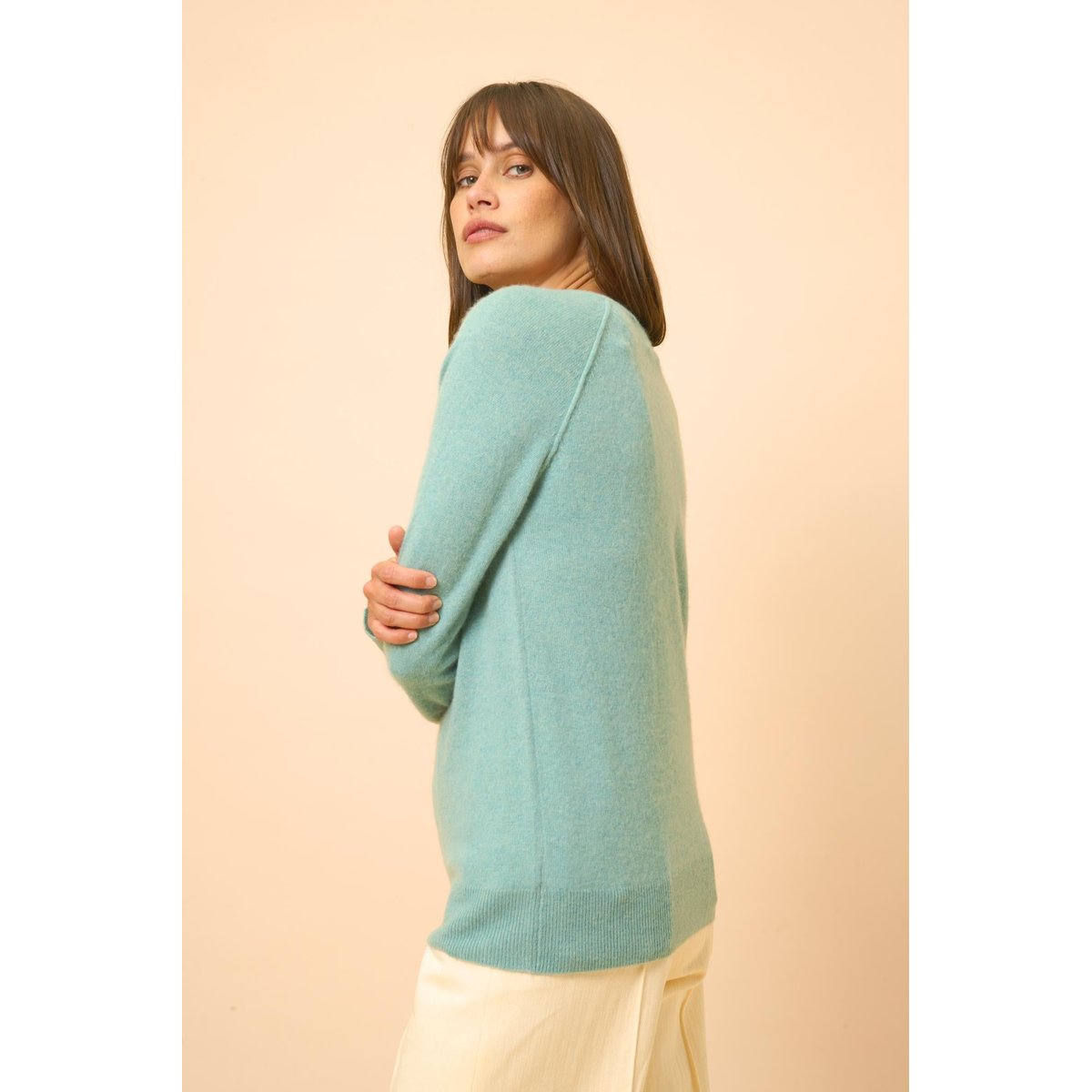 Pull Col V  Vert Chiné Phoebe vert, JUST CASHMERE