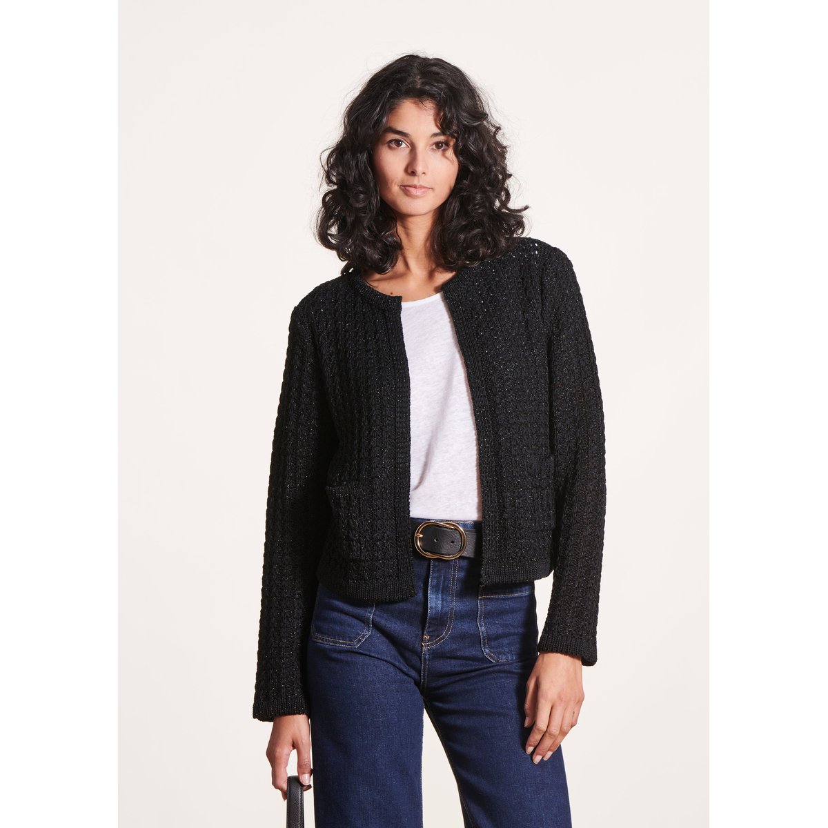 Gilet court à manches longues en maille irisée noir, LA FEE MARABOUTEE