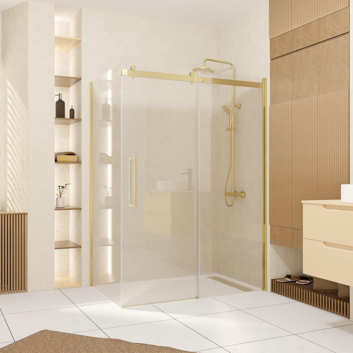 Porte de douche coulissante en verre trempé doré, HOME MAISON