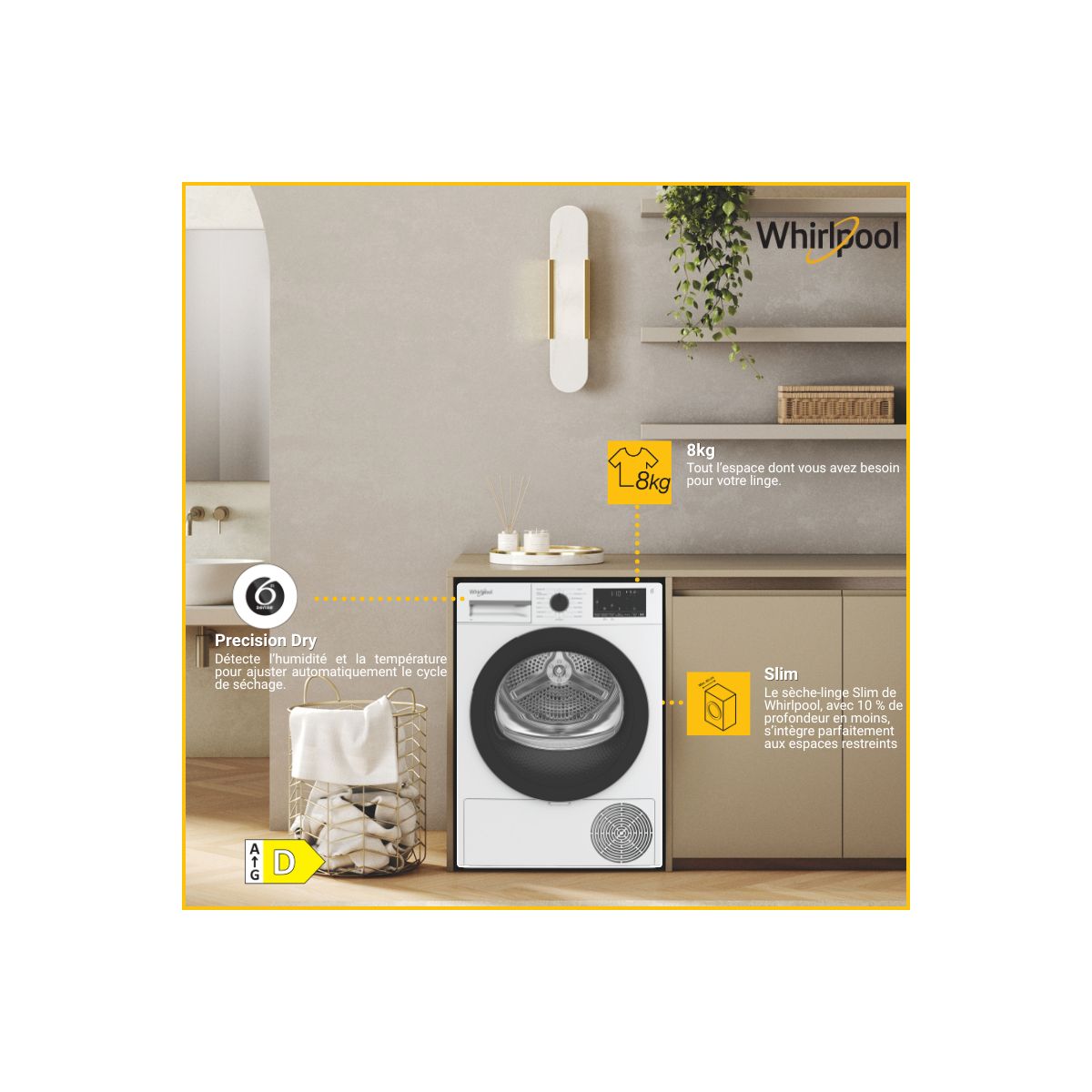 Sèche linge pompe à chaleur CWSD83MWBSFR couleur unique, WHIRLPOOL
