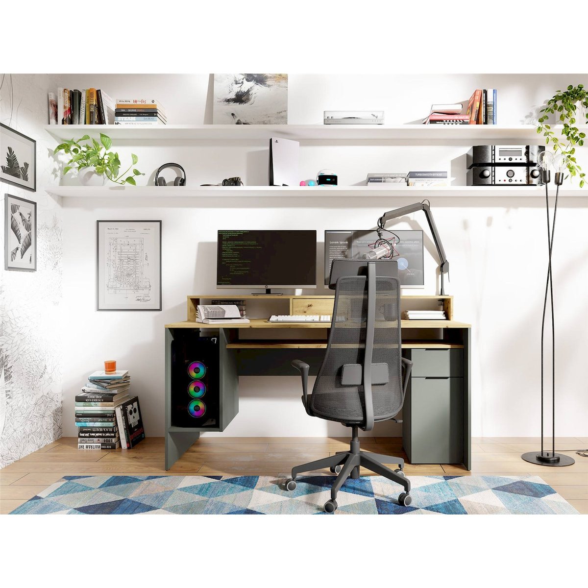 Bureau avec rangement et tiroir collection GIKKO chêne artisan et gris graphite, RECOLLECTION