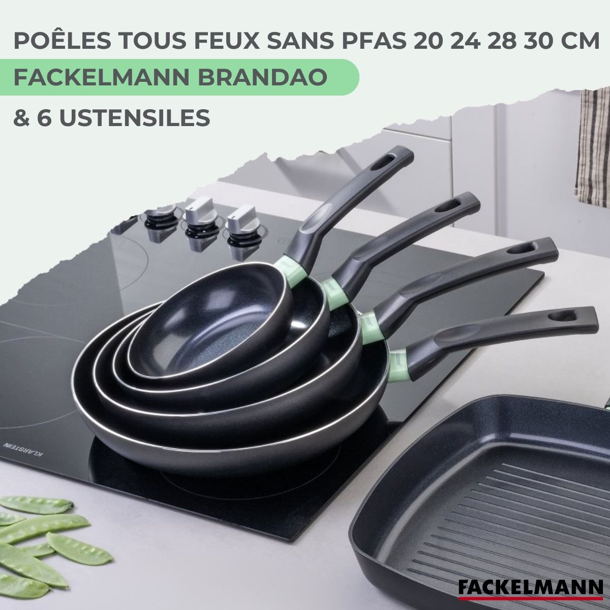 Ensemble de 4 poêles de 20 24 28 et 6 ustensiles BRANDAO noir|vert, FACKELMANN