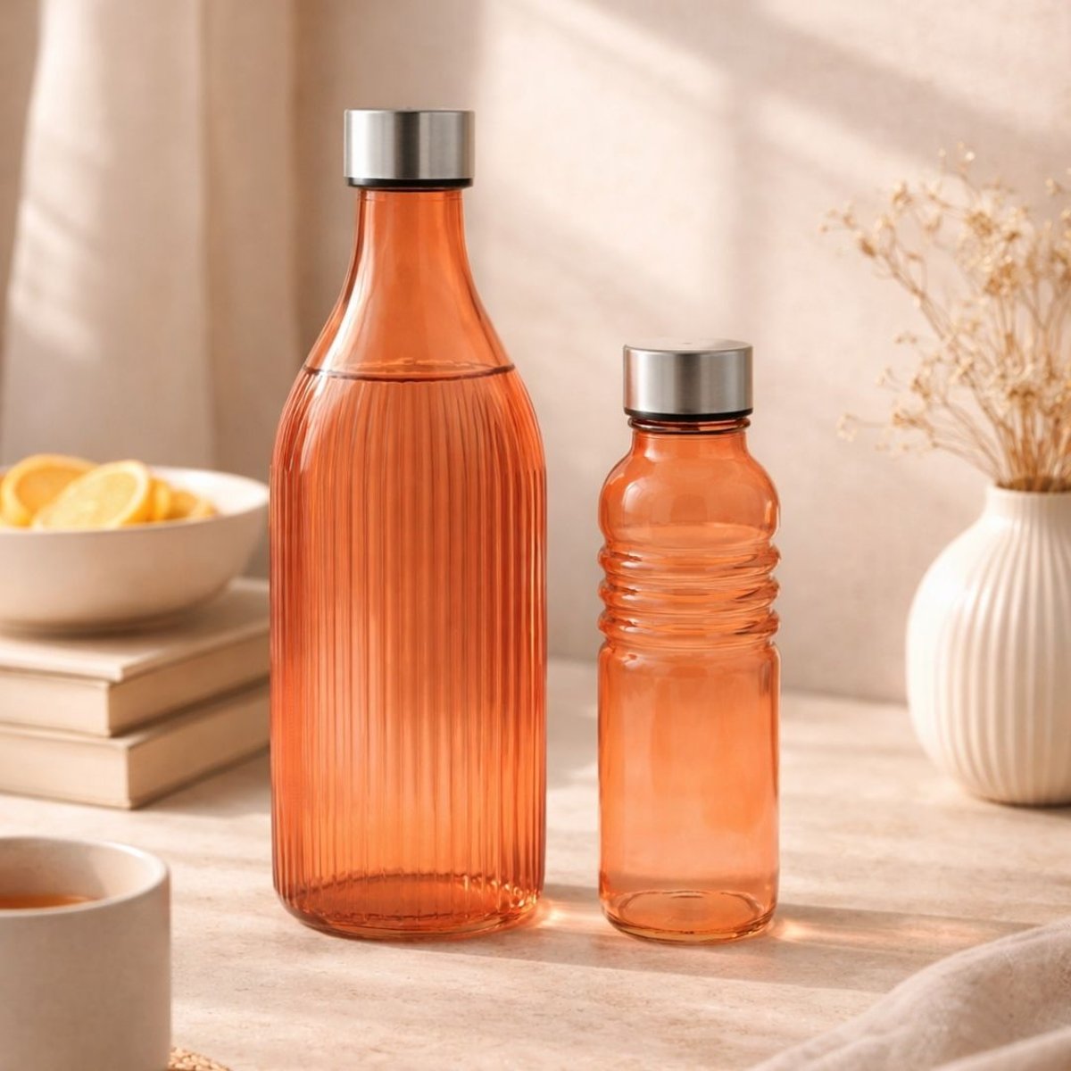 Lot de 2 bouteilles oranges en verre coloré, GLOUPOP orange, ARTIME